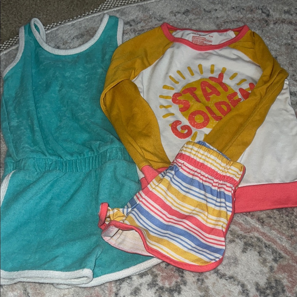 Girls Turquoise Romper + 'Stay Golden' Raglan Top & Striped Shorts